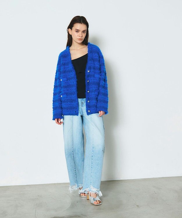 GRACE CONTINENTAL フェザーツイードニットカーディガン ブルー