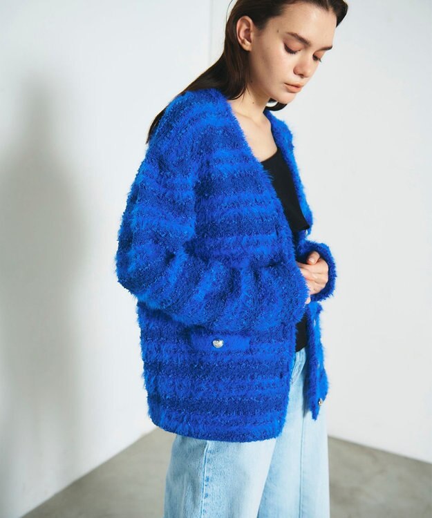 GRACE CONTINENTAL フェザーツイードニットカーディガン ブルー