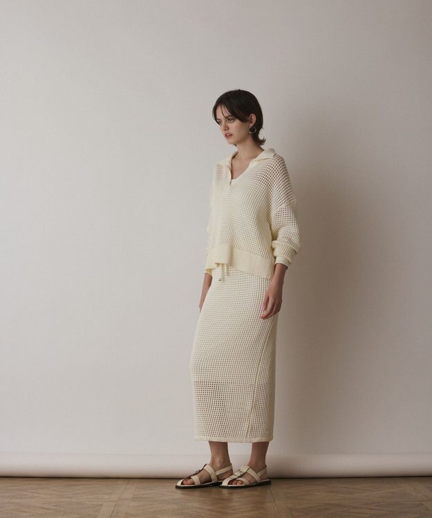 GRACE CONTINENTAL メッシュVネックニットトップ ホワイト