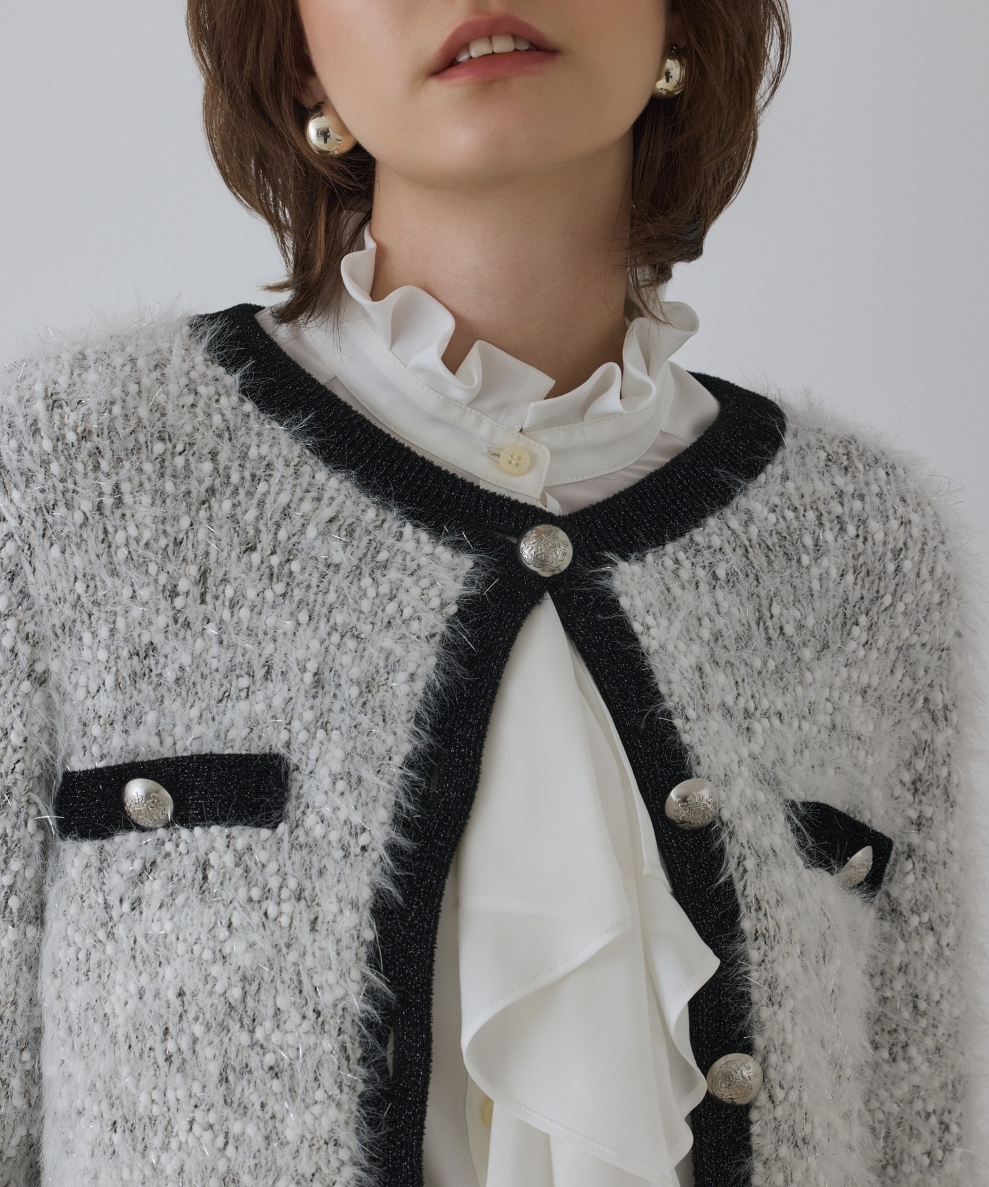 ノーカラーフェザーニットカーディガン