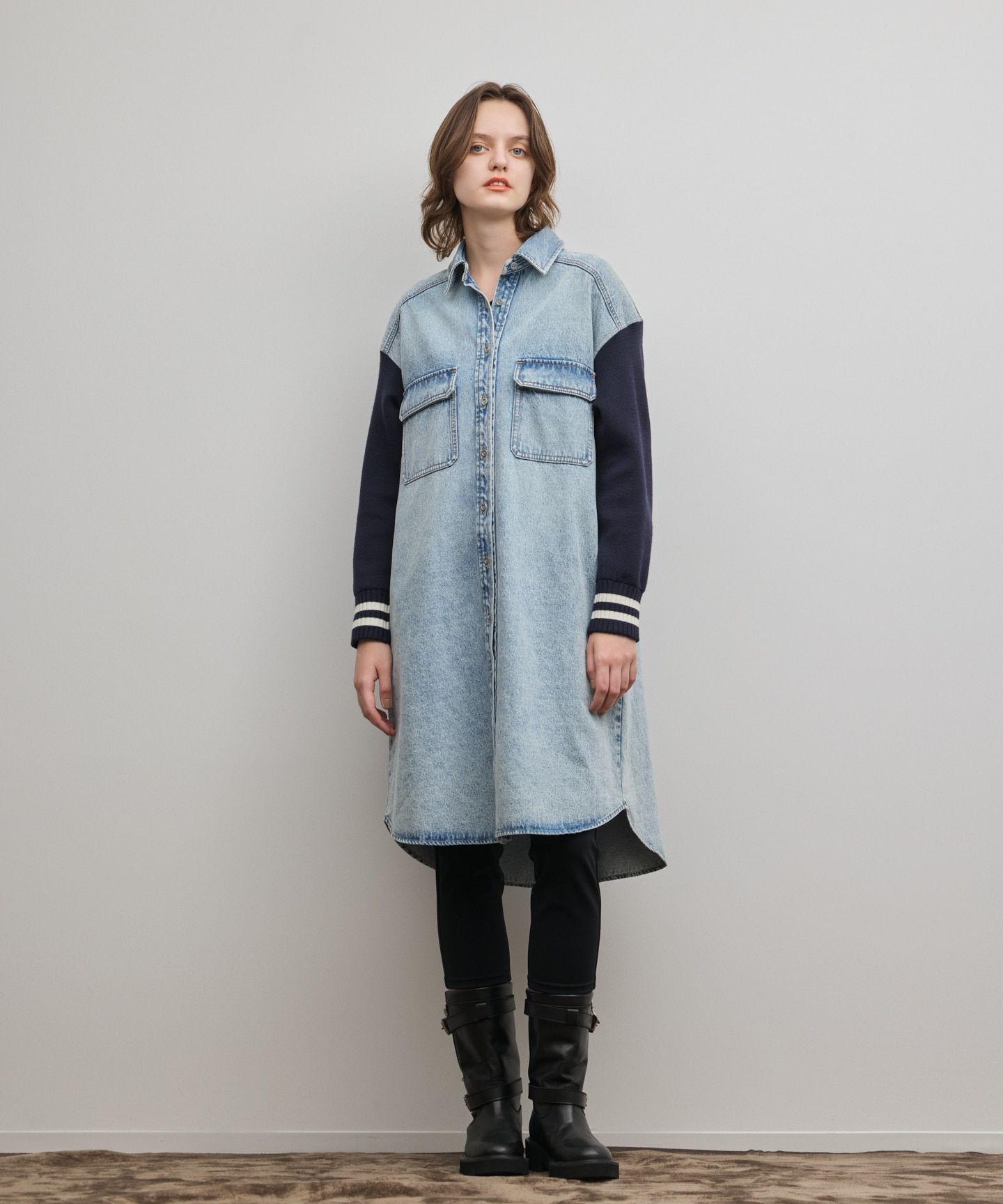 ニットスリーブデニムワンピース