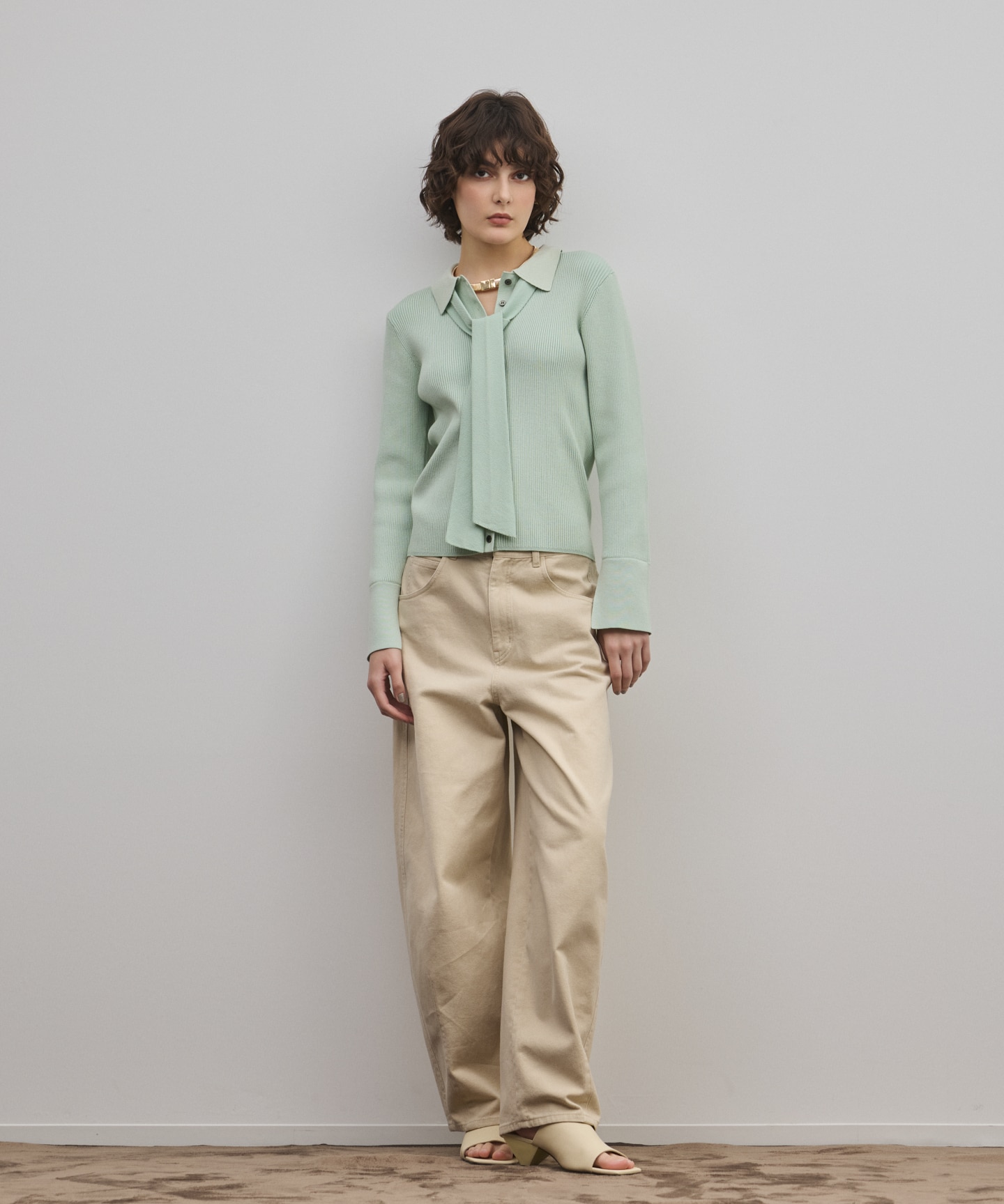 リブシャツニットトップ